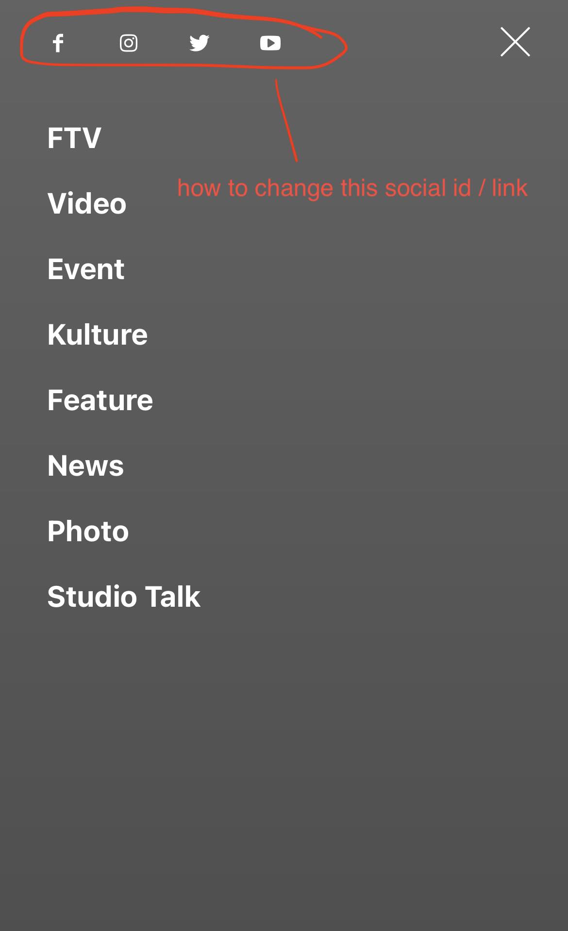 social media icons at mobile menu bar